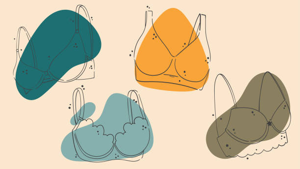 Summer beach illustrations. A set of four images of bras. Hand drawn cartoon outlines of tops, bras, bralets. Cute swimwear icons for social networks, stories, advertisements, shops. bra stock illustrations