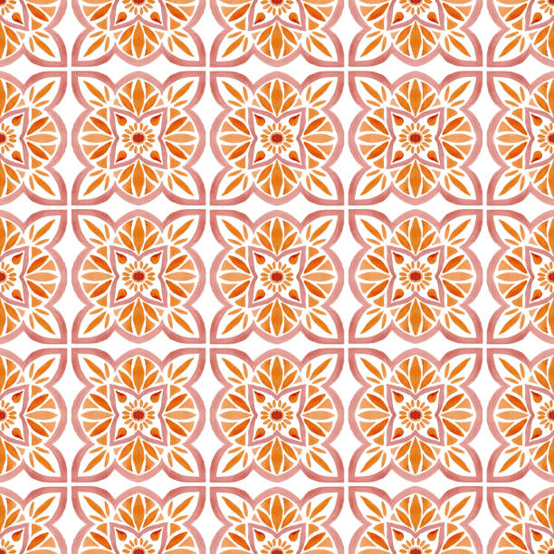 Watercolor terracotta tile seamless pattern. Hand painting abstract boho illustration. Watercolor terracotta tile seamless pattern. Hand painting abstract boho illustration. Geometric wallpaper. persian pottery stock illustrations
