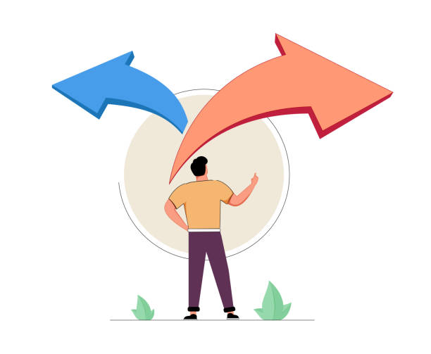 illustrazioni stock, clip art, cartoni animati e icone di tendenza di scelta del processo decisionale come due opzioni di percorso diviso tra cui scegliere tra il concetto di persona minuscola. confusione tra business o strategia di vita - guidance confusion decisions one person