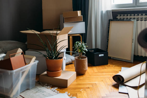 istock Moving in: Living Room Corner Filled with Cardboard Boxes and Containers- Still Life 1317133397