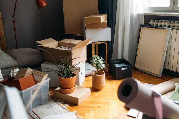 istock Moving in: Living Room Corner Filled with Cardboard Boxes and Containers- Still Life 1317133398