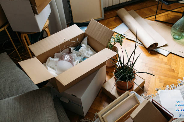 istock Moving in: Living Room Corner Filled with Cardboard Boxes and Containers- Still Life 1317133431