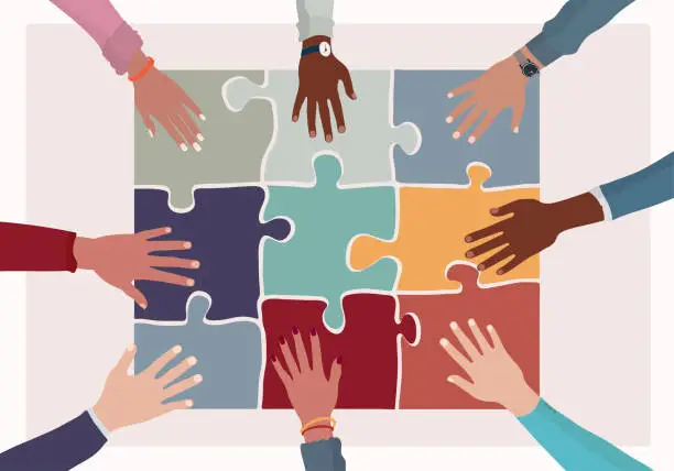 Vector illustration of Agreement or affair between a group of colleagues or co-workers.Hands joining puzzle pieces on a table.Diversity People Exchange of ideas. Concept of sharing and exchange.Community