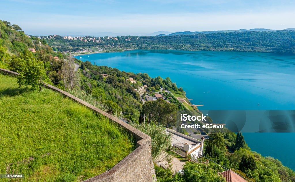 Scenic sight in Castel Gandolfo, with the Albano lake, in the province of Rome, Lazio, central Italy. Hill Stock Photo