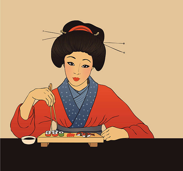 Japanese girl enjoy sushi vector art illustration