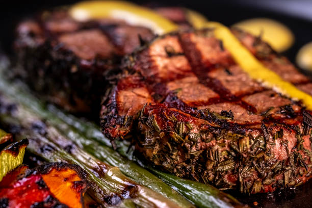 Grilled beef steak with asparagus and vegetables