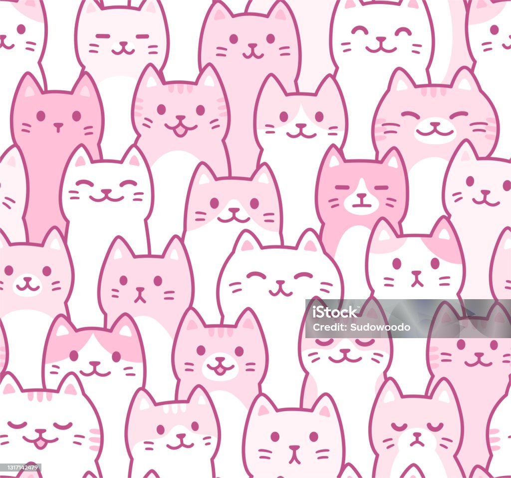 Cute Cartoon Pink Cat Pattern Stock Illustration - Download Image ...