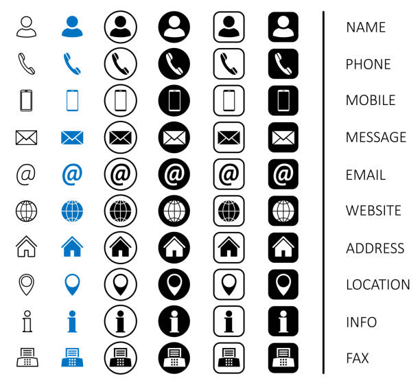 ilustraciones, imágenes clip art, dibujos animados e iconos de stock de establecer iconos de contacto negro, azul y línea con los nombres, símbolo del icono del sitio web para el contacto con nosotros, signos de comunicación - vector de stock - telephone icon