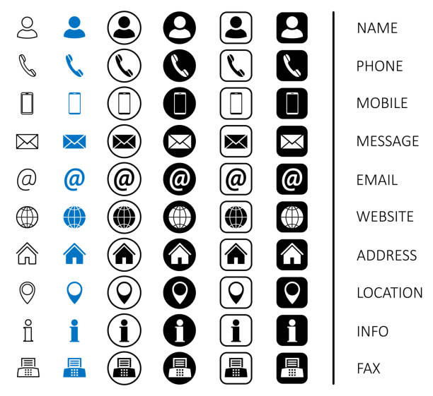 Set black, blue and line contact icons with the names, website icon symbol for contact us, communication signs - stock vector Set black, blue and line contact icons with the names, website icon symbol for contact us, communication signs - stock vector e mail stock illustrations