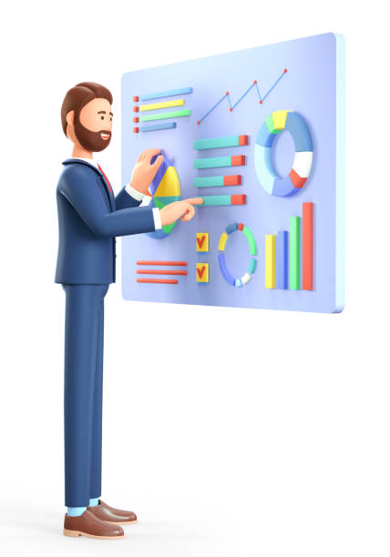 istock 3D illustration of bearded man making a dashboard and interacting with graphs. Cute businessman character, successful investor with charts, infographics and data analysis. Digital marketing concept. 1317145763