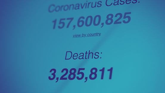 Coronavirus pandemic statistics on screen. Number of Covid 19 cases rising. Map data showing increasing numbers of Corona virus pandemic infected cases. international statistics. Health care concept.
