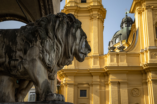 The statues of lions in front of the Feldherrnhalle, Field Marshall's Hall in Munich, Germany