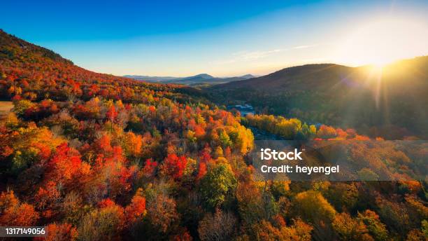 Aerial View Of Mountain Forests With Brilliant Fall Colors In Autumn At Sunrise New England Stock Photo - Download Image Now