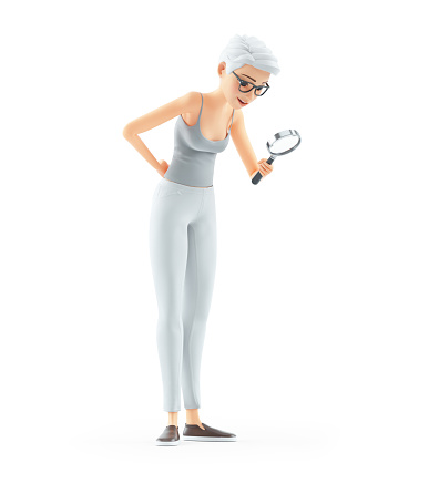 3d senior woman looking through magnifying glass, illustration isolated on white background