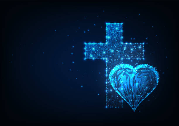 Futuristic christianity concept with glowing low polygonal heart and cross on dark blue Futuristic christianity concept with glowing low polygonal heart and cross on dark blue background. Modern wire frame mesh design vector illustration. glow in the dark hearts background stock illustrations