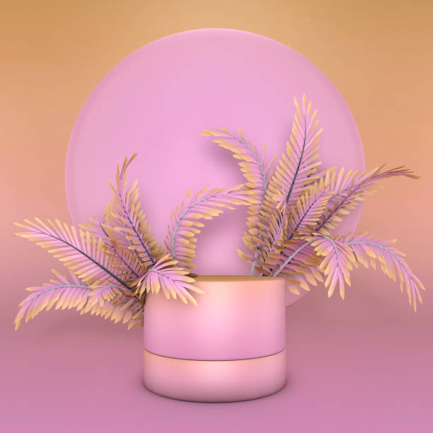 istock 3d gradient pink abstract geometric pedestal. Summer vibes podium minimal design with tropical palms. 1317151447