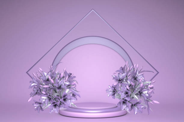 istock 3d render, botanical background, round pedestal decorated with violet spring flowers 1317151511