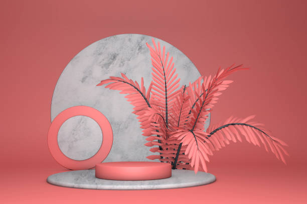 istock 3D podium on bright red pastel background and tropical abstract palm tree leaf. 1317151580