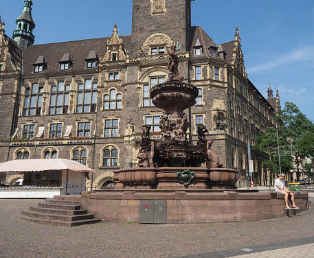 Wuppertal, Germany - Circa August 2019: Jubilaeumsbrunnen (meaning Jubileum Fountain) aka Neptunbrunnen (meaning Neptune Fountain)