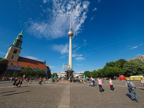 Berlin, Germany - Circa June 2019: Fernsehturm (meaning Television tower) in Alexanderplatz