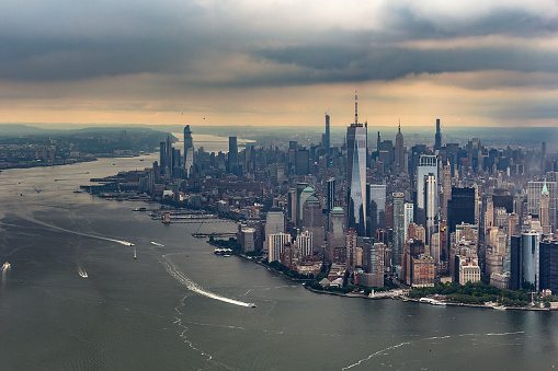 Aerial view of One World Trade Centre surrounding with downtown Manhattan Skyscrapers, New York City, New York State, USA.