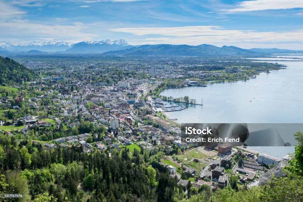 Panoramic view over the Lake Constance with Bregenz Panoramic view over the Lake Constance with Bregenz and the valley of Rhine, Vorarlberg, Austria, Europe Bregenz Stock Photo