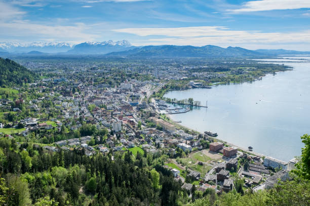 Panoramic view over the Lake Constance with Bregenz Panoramic view over the Lake Constance with Bregenz and the valley of Rhine, Vorarlberg, Austria, Europe bodensee stock pictures, royalty-free photos & images