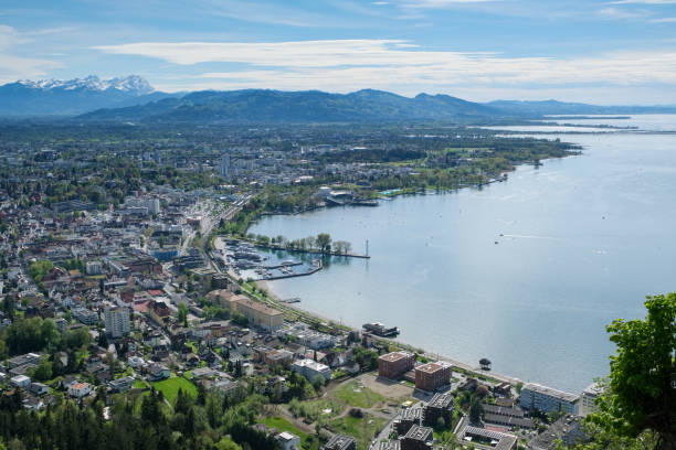 Panoramic view over the Lake Constance with Bregenz Panoramic view over the Lake Constance with Bregenz and the valley of Rhine, Vorarlberg, Austria, Europe bregenz stock pictures, royalty-free photos & images