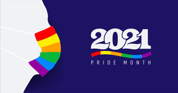 istock Silhouette with protective face mask colored in rainbow. Pride and COVID-19 protection concept. LGBT flag color and logo 2021 pride month. Flat vector illustration. Isolated on blue background. 1317158972