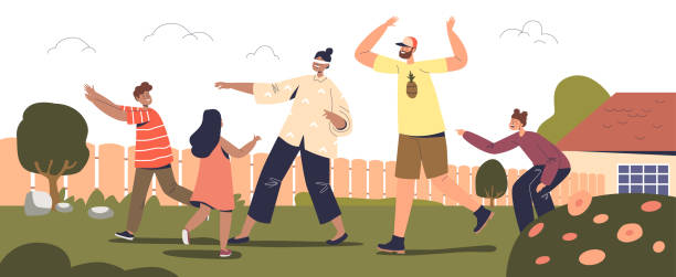 Family game outdoors: parents and kids playing blindfolded outside house on backyard together Family game outdoors: parents and kids playing blindfolded outside house on backyard together. Mom, dad and children have fun. Leisure activity concept. Cartoon flat vector illustration family fun stock illustrations
