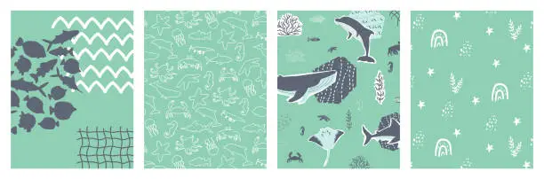 Vector illustration of Vector poster ocean sea set with cartoon silhouette whale, stingray, fish, octopus, crab and other underwater animals for banner, card, postcard, book notebook cover. Collage, cut paper effect