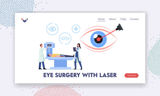 Ophthalmology Surgery Landing Page Template. Patient with Eye Disease Applying Laser Correction, Innovative Technologies Ophthalmology Surgery Landing Page Template. Male Patient with Eye Disease Applying Laser Correction, Innovative Technologies for Vision Health Care and Treatment. Cartoon People Vector Illustration eye doctor and patient stock illustrations