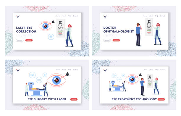 Eye Treatment Technology Landing Page Template Set. Professional Optician Exam for Laser Correction, Vision Surgery Eye Treatment Technology Landing Page Template Set. Professional Optician Exam for Laser Correction, Vision Surgery. Ophthalmologist Doctor Character Check Eyesight. Cartoon People Vector Illustration eye test equipment stock illustrations