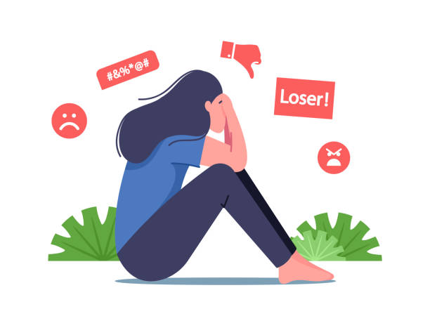 ilustrações de stock, clip art, desenhos animados e ícones de bullying in social media, bulling abuse and harassment concept. female character sitting with covered face crying - mockery