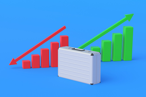 Suitcases near charts with up, down arrow. Forecasting profitability of investments. Analysis of company's performance. Government bond yields. Changes in financial indicators. 3d render