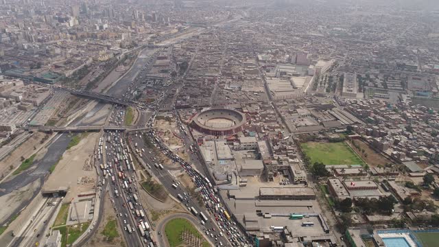 Aerial video of Plaza de Toros de Acho, Acho bullfight ring. The Oldest in America in Lima Peru. Video of Lima downtown.