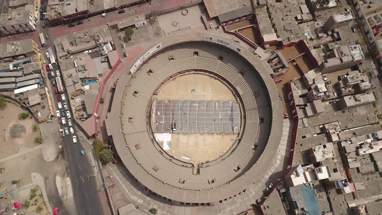 Aerial video of Plaza de Toros de Acho, Acho bullfight ring. The Oldest in America in Lima Peru. Video of Lima downtown.