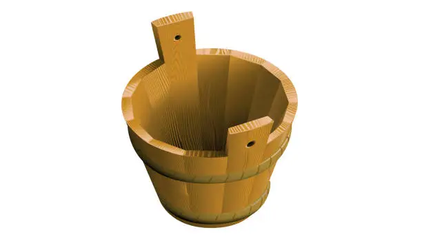 Vector illustration of Empty wooden bucket, old fashioned. Empty milk bucket. Vector illustration.