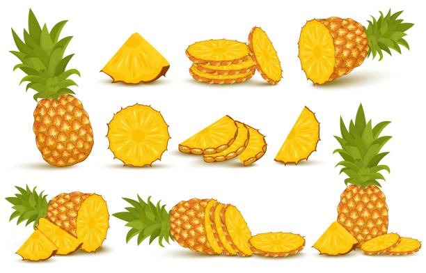 Ð°Ð½Ð°Ð½Ð°ÑÐ¿Ð¾Ð»Ð½ÑÐ¹ÑÐµÑ Pineapple set. Pineapple collection. Whole and sliced pineapple isolated on white background with clipping path pineapple stock illustrations