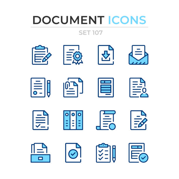 ilustraciones, imágenes clip art, dibujos animados e iconos de stock de iconos de documento. iconos de línea vectorial establecidos. calidad premium. diseño de línea delgada simple. colección de símbolos de contorno moderno, pictogramas. - paper clip document file note pad