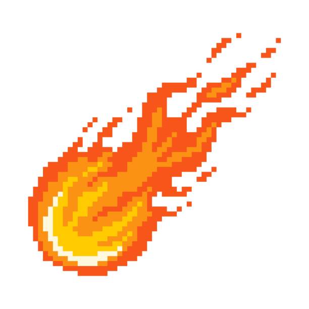 illustrations, cliparts, dessins animés et icônes de comète de pixel de feu tombante. astéroïde enflammé se précipitant vers le feu brûlant de planète avec le noyau jaune rougeoyant. - bomb symbol explosive sparks