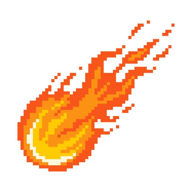 Falling fiery pixel comet. Flaming asteroid rushing towards planet burning fire with glowing yellow core. Falling fiery pixel comet. Flaming asteroid rushing towards planet burning fire with glowing yellow core red flame after powerful explosion with vector sparks. fireball stock illustrations