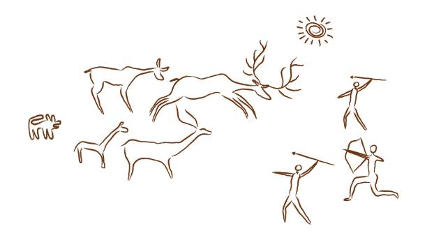 Prehistoric people hunt deer cave paintings. Primitive hunters with bows arrows in light sun and with help dog. Prehistoric people hunt deer cave paintings. Primitive hunters with bows arrows in light sun and with help dog drive horned vector animals. ancient civilization illustrations stock illustrations