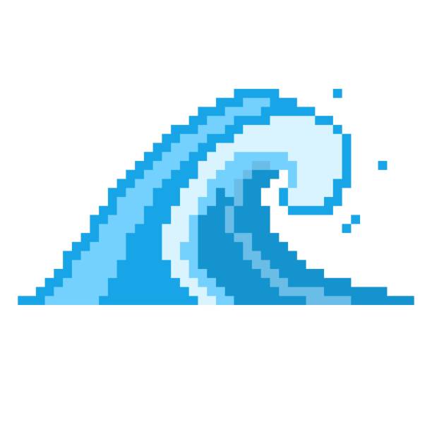 stockillustraties, clipart, cartoons en iconen met het pictogram van de overzeese pixelgolf. krachtige blauwe tsunami die kust enorme onweersgolven met wit schuim haast. - wind surfen