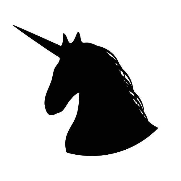 Vector illustration of Unicorn head silhouette. Black mythical horse with proud sharp horn wild and freedom loving.