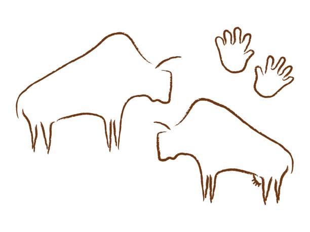 Ancient bison silhouettes rock art. Prehistoric grazing bulls drawn in minimalist style. Ancient bison silhouettes rock art. Prehistoric grazing bulls drawn in minimalist style primitive people with vector palm prints. paleo stock illustrations