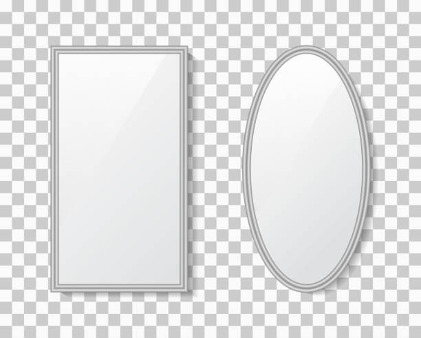 istock Mirror with frame. Surface of glass with reflection. Mockup of round, oval and rectangle mirror with shadow, reflect. Silver texture isolated on transparent background. Decoration of interior. Vector 1317165639
