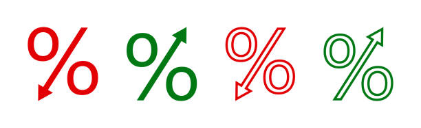 illustrazioni stock, clip art, cartoni animati e icone di tendenza di icona percentuale. percentuale con freccia verso il basso e verso l'alto. diminuzione e aumento del tasso d'interesse. simbolo di perdita o crescita di prezzo, costo e pil. segno di riduzione del profitto. logo dell'economia ascesa. vettore - interest rate percentage sign moving down sadness