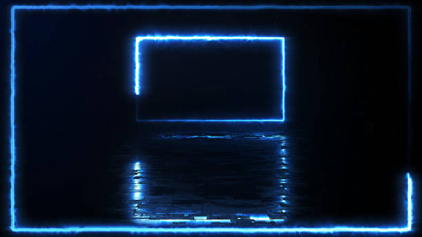 istock Square rectangle picture frame with two tone neon color motion graphic on isolated black background. Blue and pink light moving for overlay element. 3D illustration rendering. Empty copy space middle 1317167282