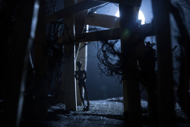 istock Creative artwork decoration. Abstract Japanese style wooden tunnel at night. Selective focus 1317167889